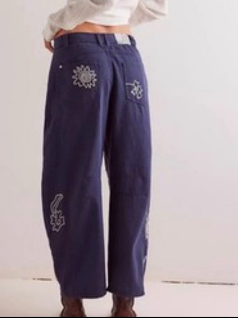 We The Free Navy Wide-Leg Pants with White Floral Embroidery - Picture 3 of 5
